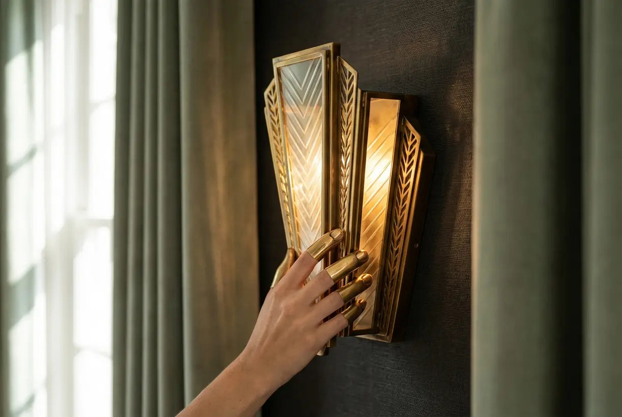 Close-up van geometrische Art Deco messing wandkandelaar met ingewikkelde metaalbewerkingsdetails