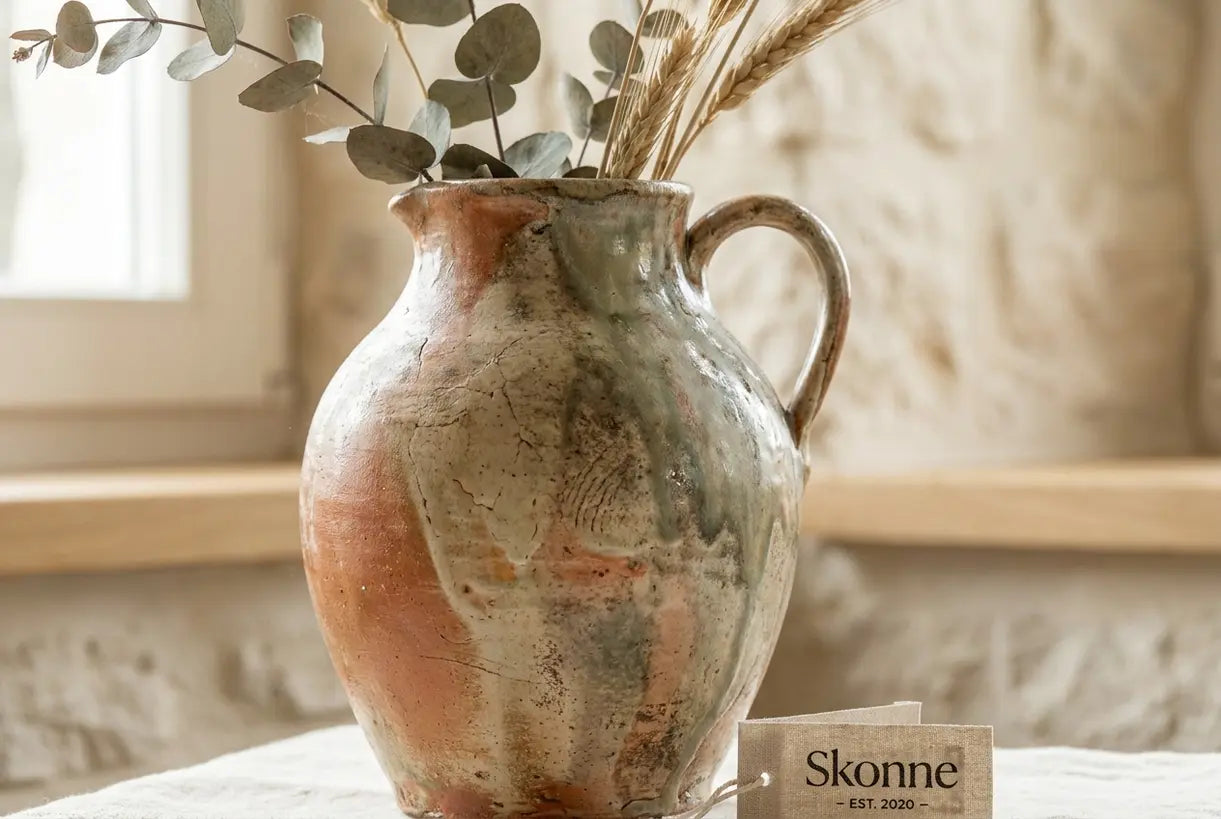 Close-up of rustic jug vase with reactive earth-tone glaze and dried botanicals
