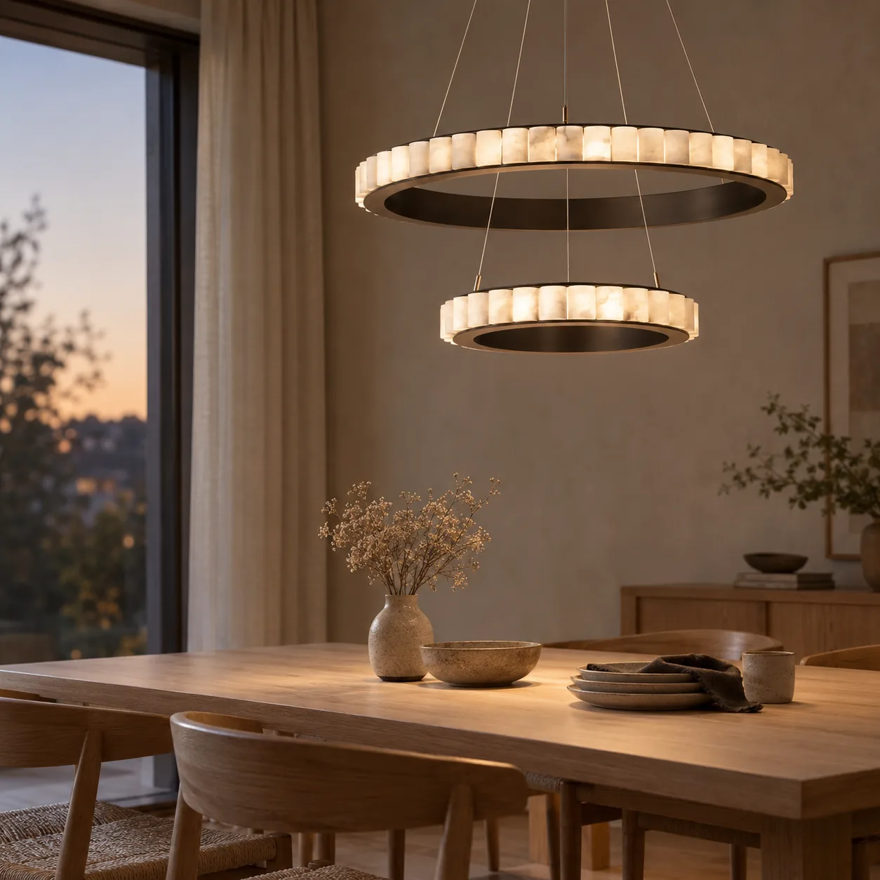 Ringve wit marmeren dubbele ring LED-pendellamp