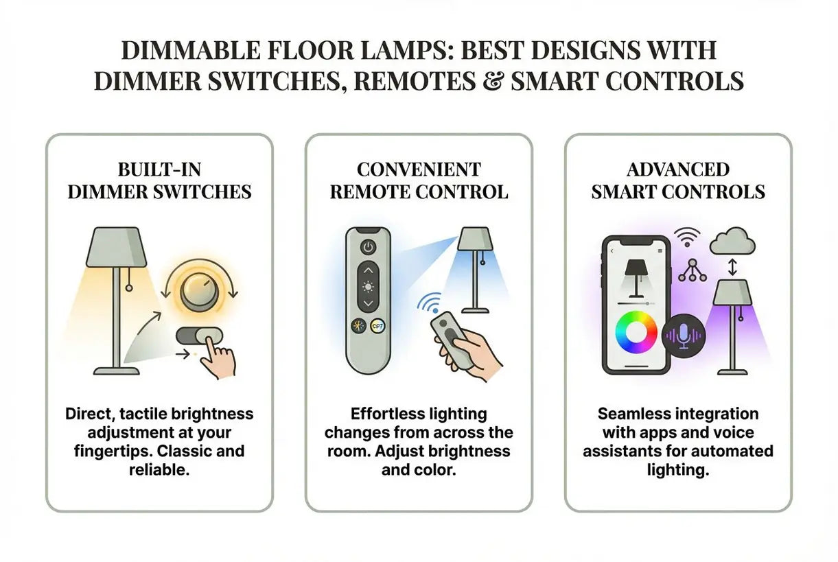 Dimbare Staande Lampen: Beste Ontwerpen met Dimmers, Afstandsbedieningen & Slimme Bedieningen - infographic