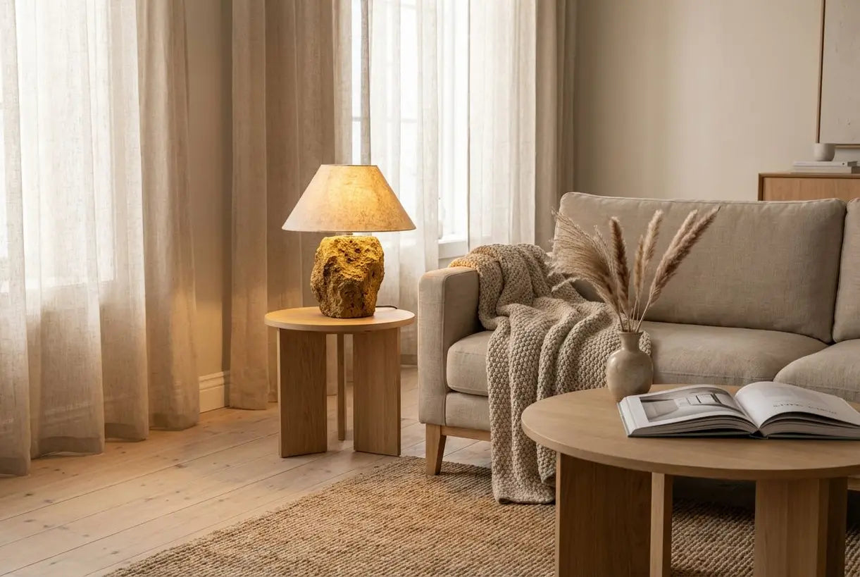 Scandinavian living room with lava stone table lamp on oak side table showing volcanic lighting design