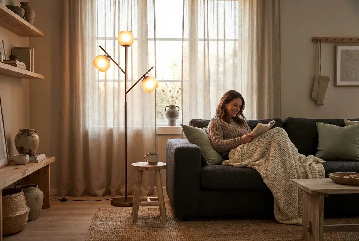 Scandinavische woonkamer met een warme boomvloerlamp voor een knusse leessfeer