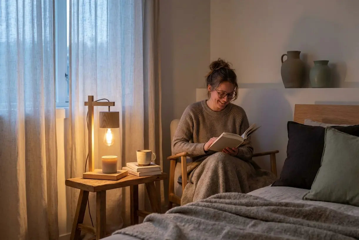 Knusse Scandinavische slaapkamer met een zelfgemaakte kaarsenwarmerlamp die 's avonds warm sfeerlicht geeft