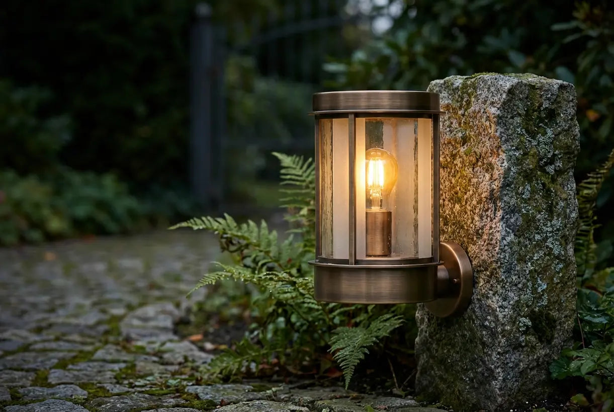 Close-up van buitenkolomlamp met warme amberkleurige gloed op stenen zuil