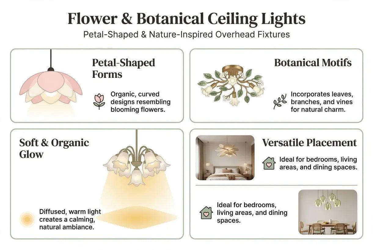 Bloem- en botanische plafondlampen: bloembladvormige plafondverlichting geïnspireerd op de natuur - infographic