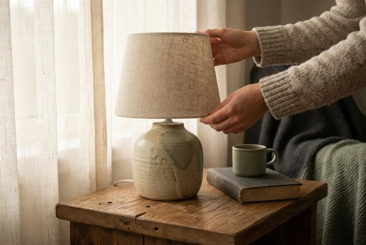 Handen die keramische Scandinavische tafellamp aanpassen op houten nachtkastje met zachte natuurlijke verlichting