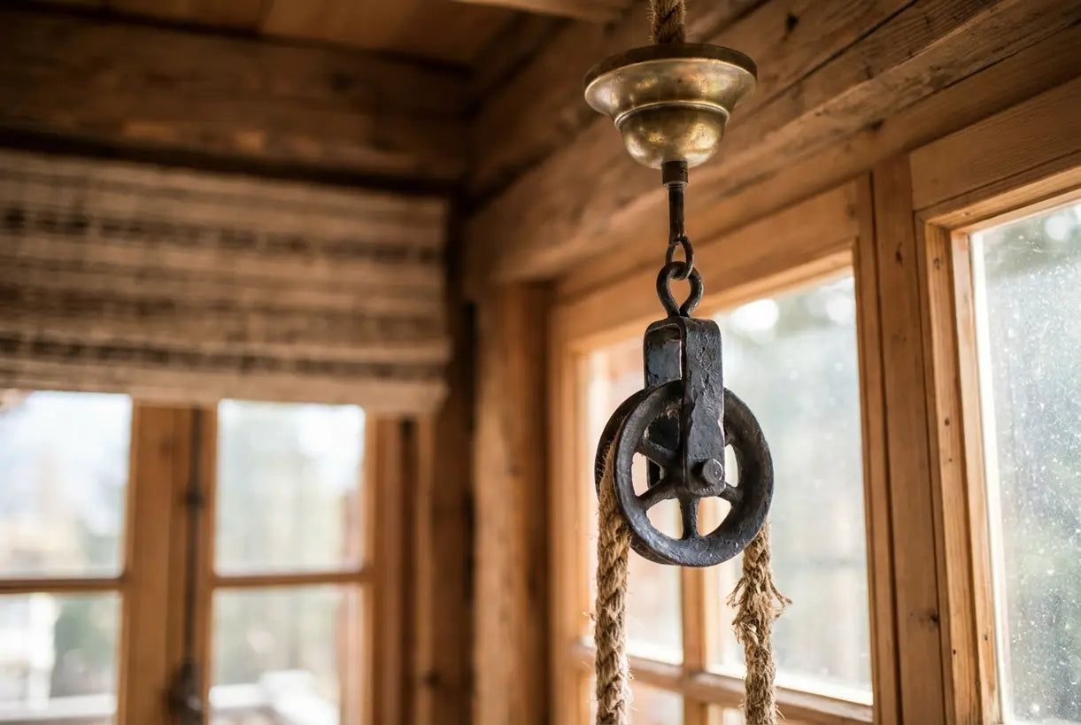 Close-up van rustieke hanglamp met touw en verouderde metalen hardware details