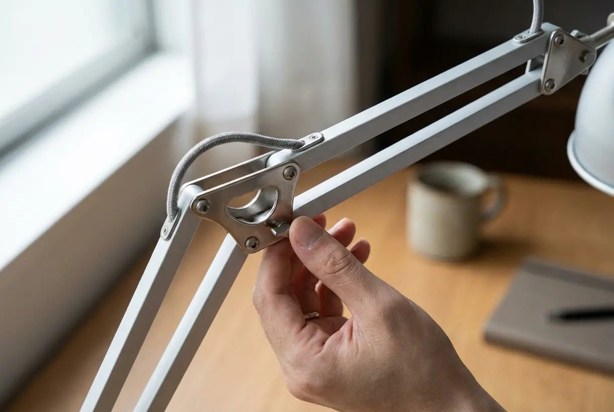 Handen die het scharnier van een swingarm bureaulamp aanpassen in een thuiskantooromgeving