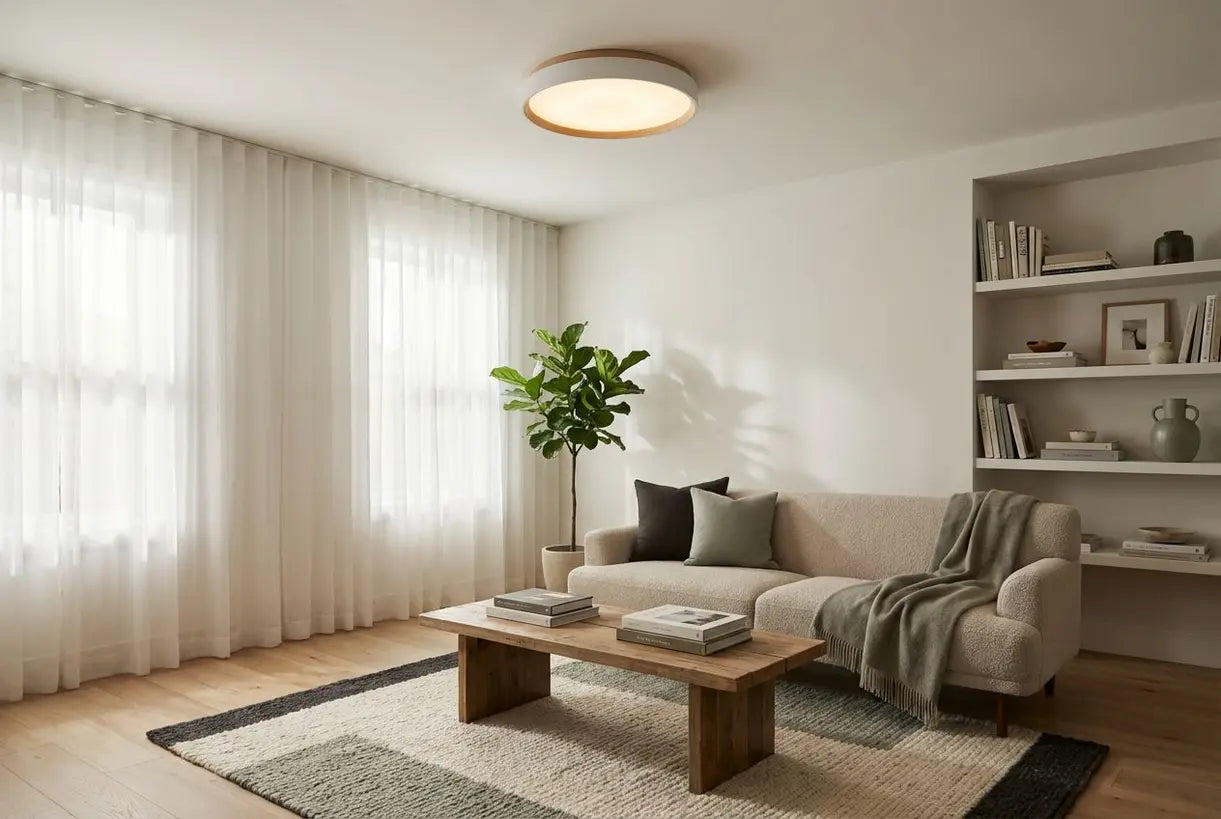 Scandinavische woonkamer met opbouwplafondlamp die warme sfeerverlichting biedt