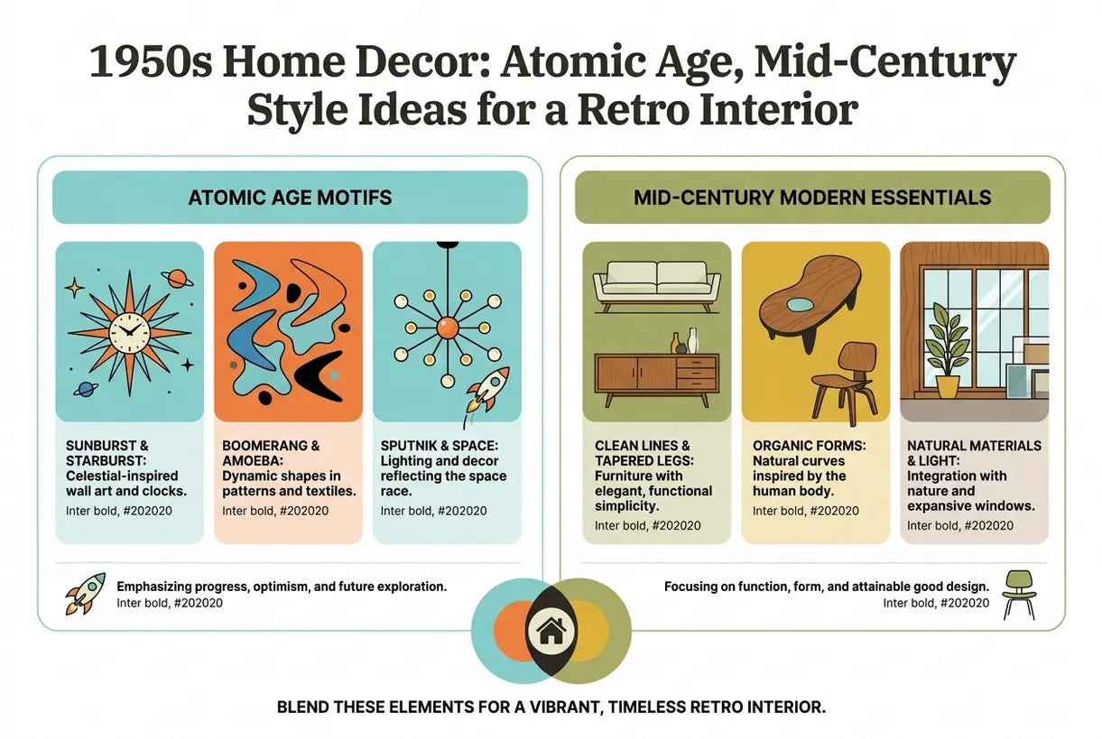 1950s Home Decor: Atomic Age, Mid-Century Style Ideas for a Retro Interior - infographic