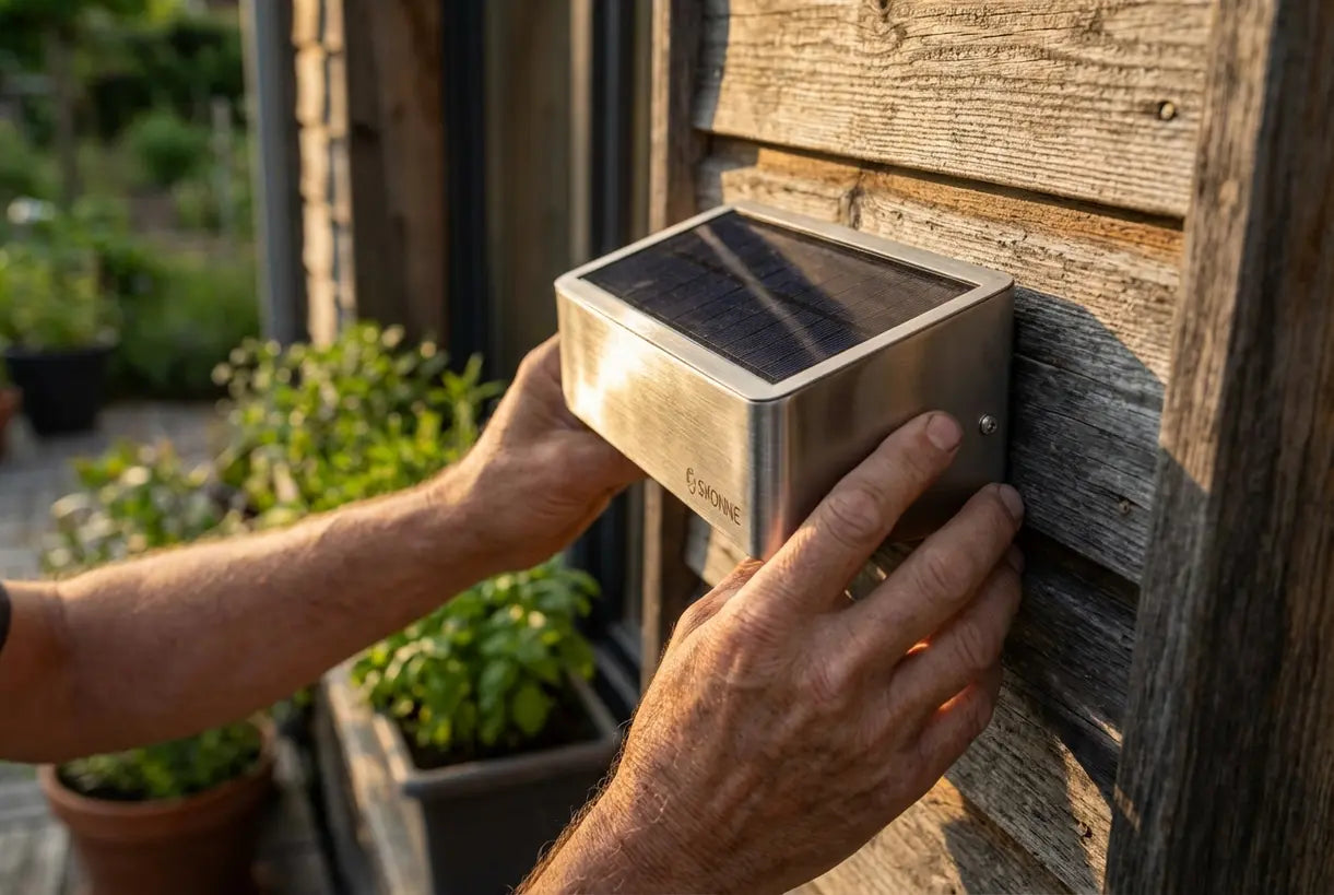 Handen die een solar buitenwandlamp installeren op een buitenmuur met gouden uur verlichting
