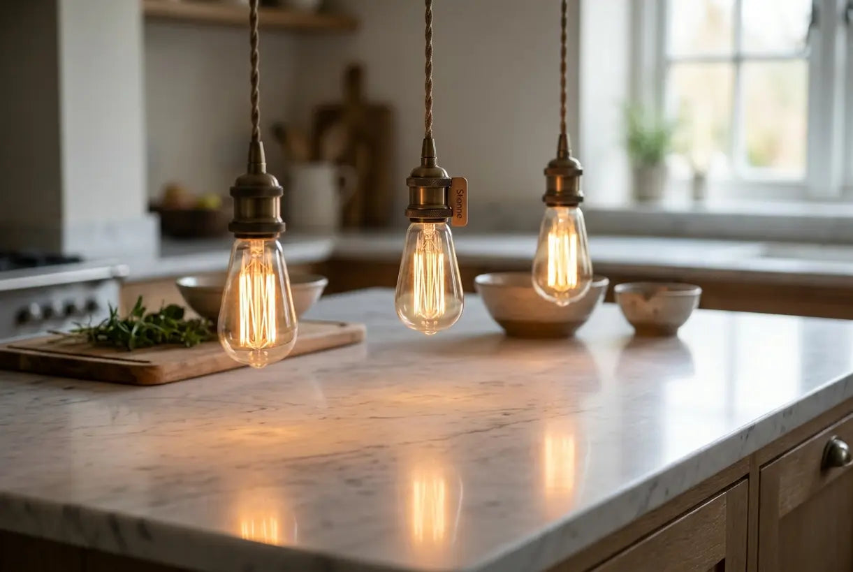 Warm pendant lights glowing over kitchen island countertop