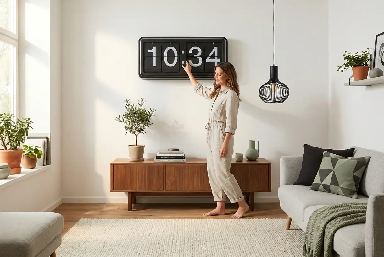 Modernes skandinavisches Wohnzimmer mit Retro-Flip-Clock-Wanddekoration und stylendem Hausbesitzer