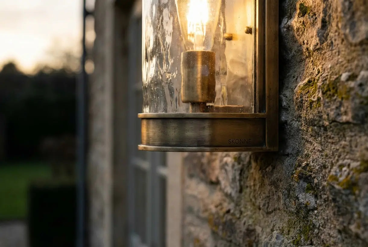 Close-up van getextureerde stenen en glazen buitenwandlamp gemonteerd op buitenfaçade