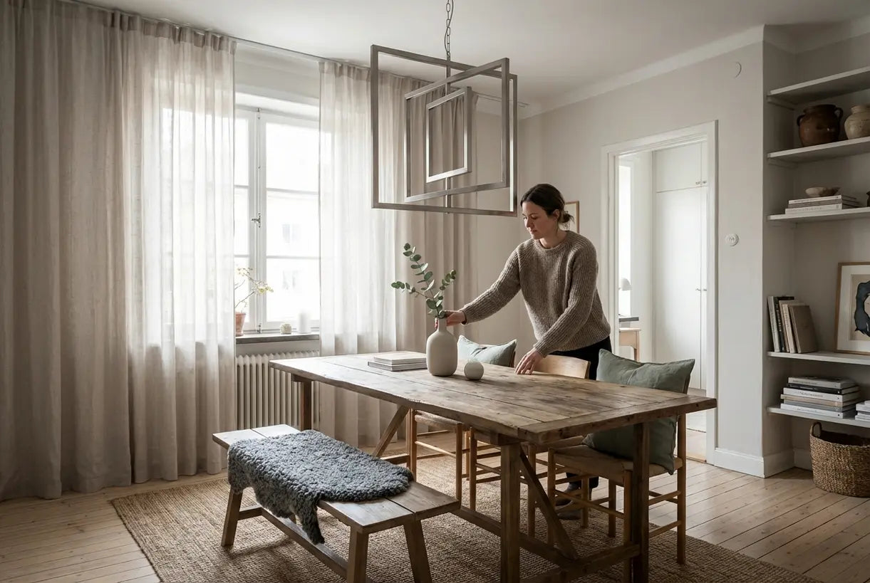 Scandinavian dining room met sculptural metal pendant light hanging above natural wood table