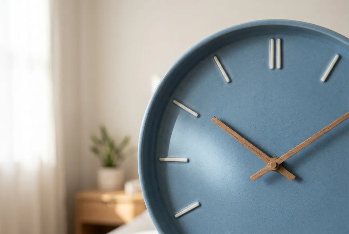 Blaue Keramikwanduhr mit minimalistischem skandinavischem Design und beruhigender blauer Oberfläche für die Schlafzimmerdekoration