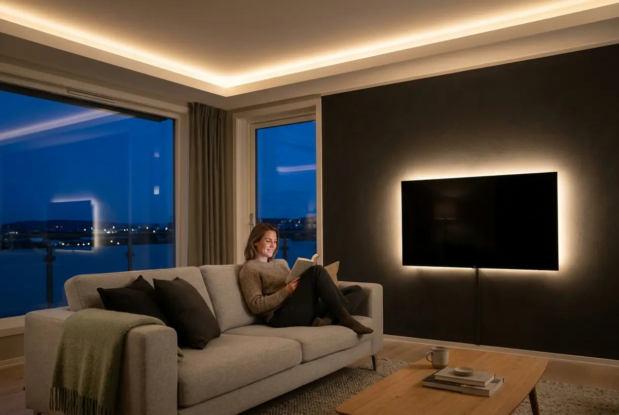 Modern living room with LED strip lighting behind TV and ceiling cove creating ambient atmosphere