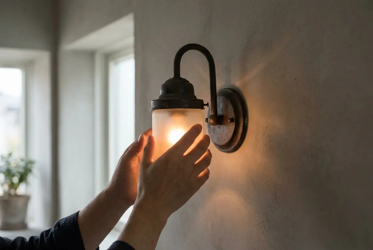 Handen die een wandlamp aanpassen met een warme sfeervolle gloed in een Scandinavisch interieur