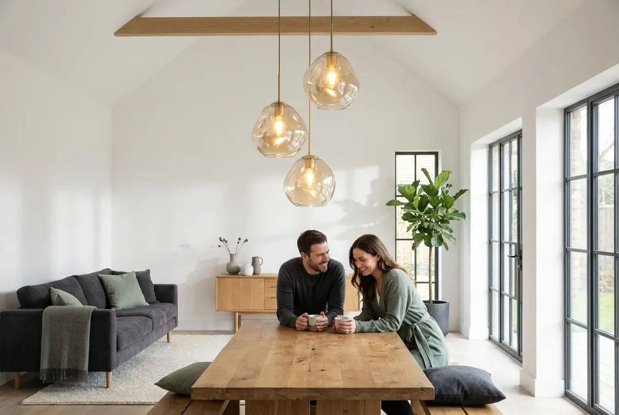 Moderne woonkamer met gewelfd plafond met hanglampen en warme sfeer