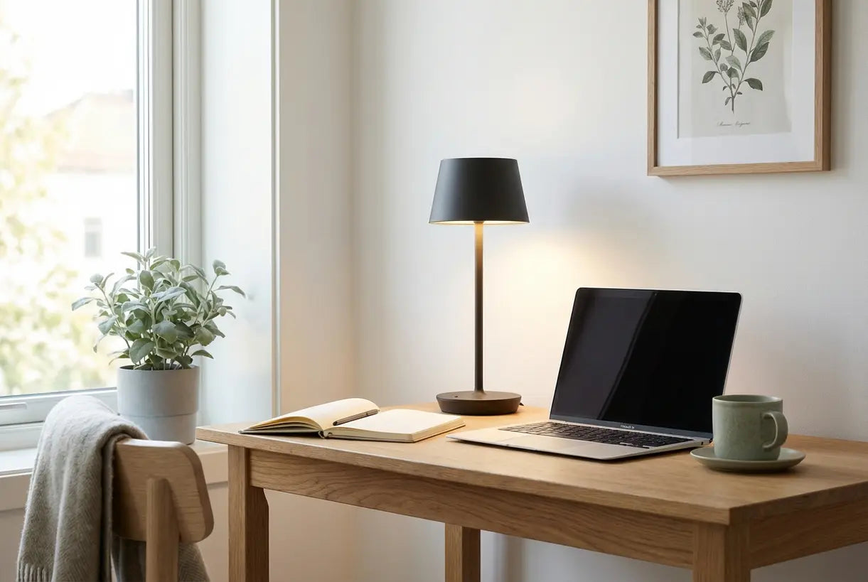 Scandinavische thuiswerkplek met een snoerloze, oplaadbare bureaulamp op een houten bureau