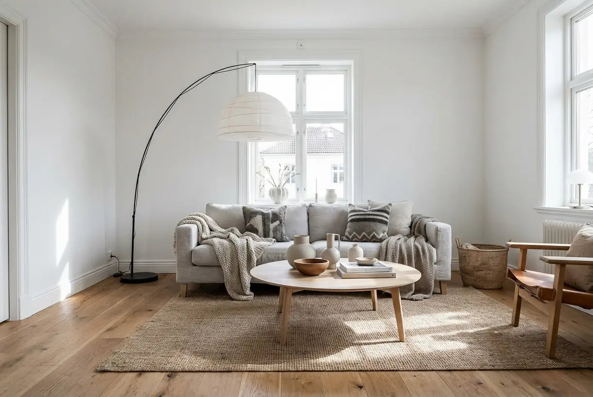 Scandinavisch interieurdesign woonkamer met natuurlijke houten vloeren en sculpturale verlichting in minimalistische Noordse stijl