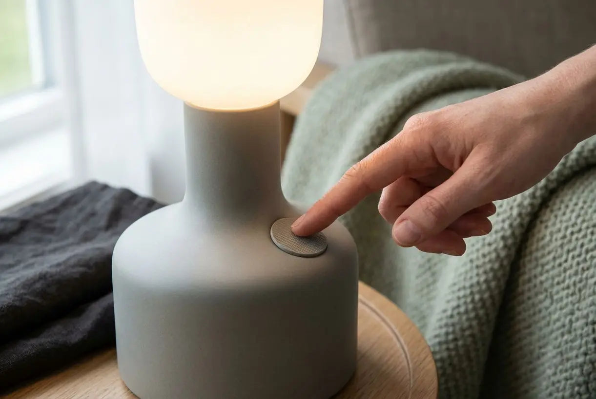 Hand raakt dimregeling van oplaadbare lamp aan in Scandinavische slaapkameromgeving
