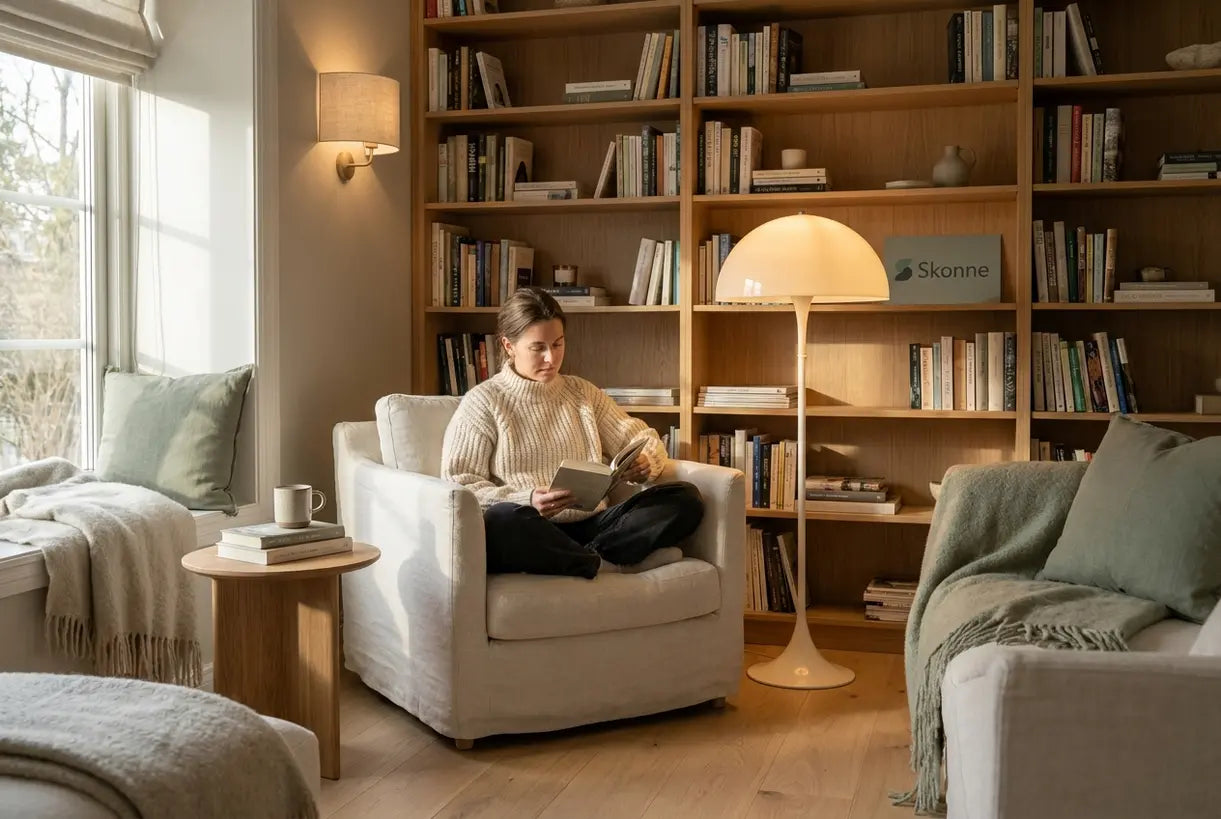 Scandinavian reading room with person relaxing in armchair beside floor lamp and bookshelves