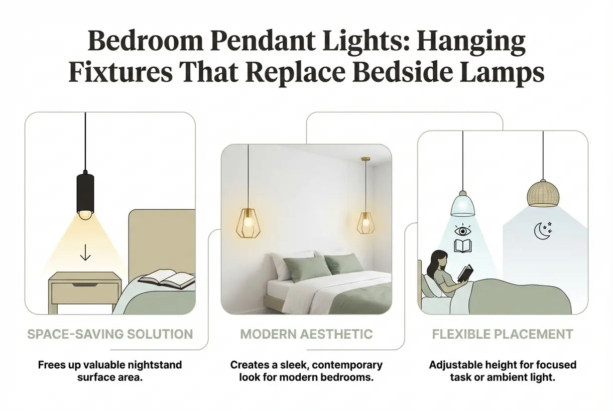 Bedroom Pendant Lights: Hanging Fixtures That Replace Bedside Lamps - infographic