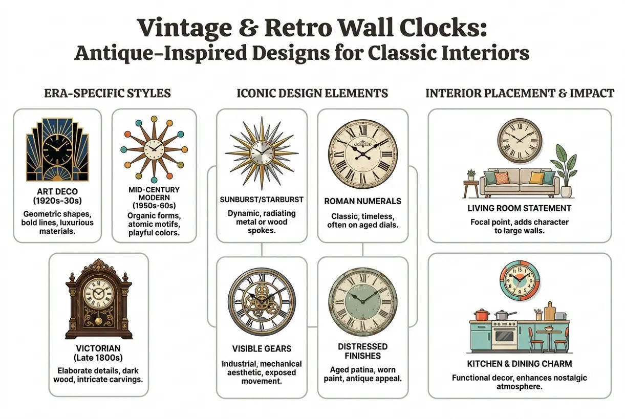 Vintage & Retro Wanduhren: Antik inspirierte Designs für klassische Interieurs - Infografik