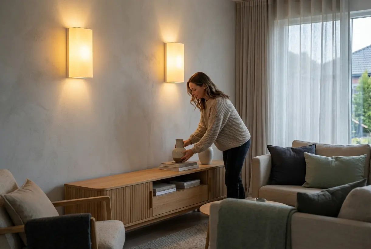 Scandinavische woonkamer met moderne LED-wandlampen die een warme sfeerverlichting creëren