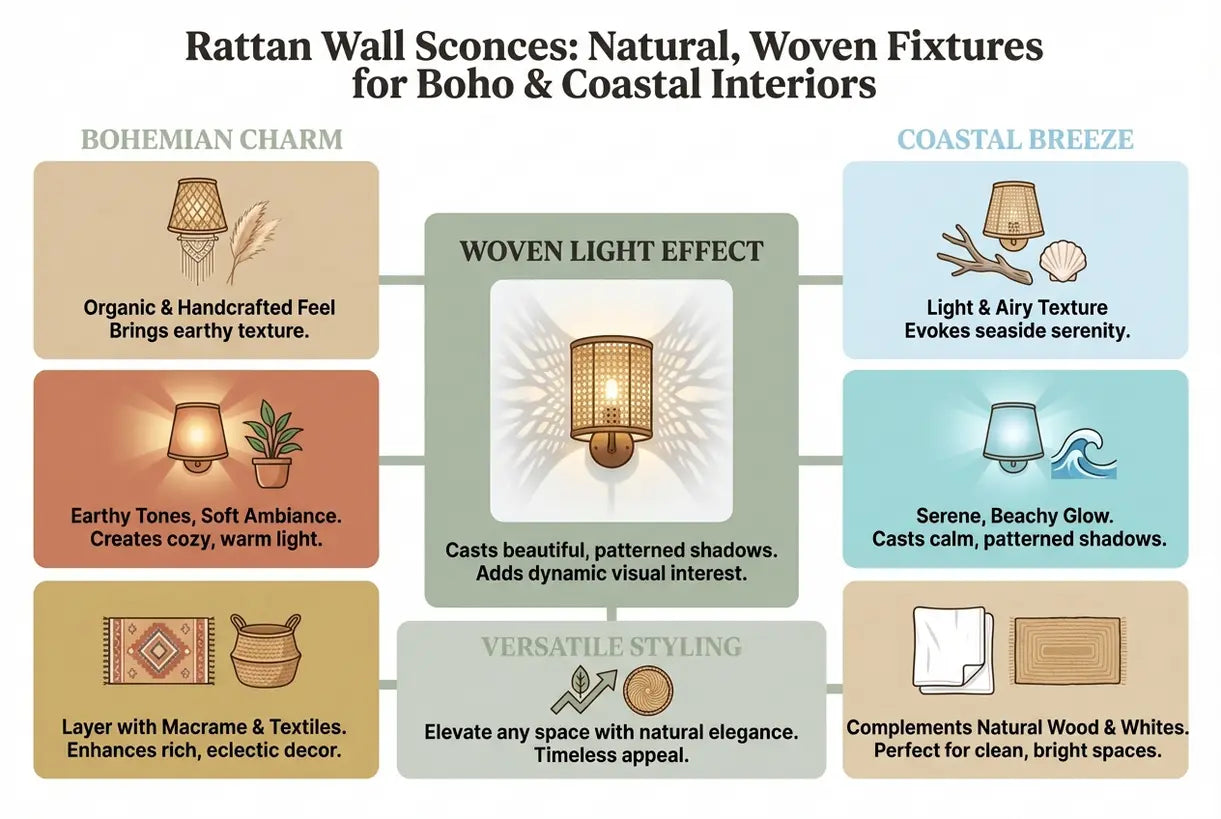 Rotan wandlampen: natuurlijke, geweven armaturen voor Boho & Kustinterieurs - infographic