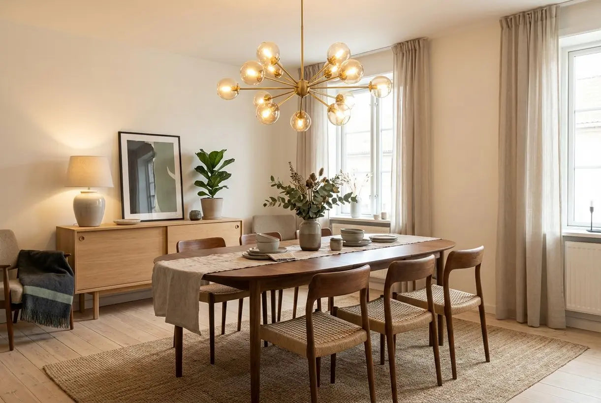Scandinavische eetkamer met mid-century plafondarmatuur die een warme omgevingslichtgloed werpt