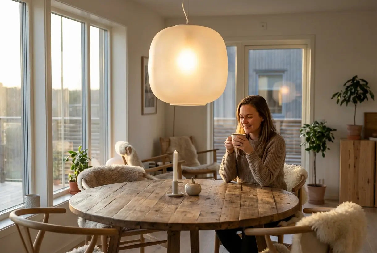 Pendellamp van mat glas boven eettafel in Scandinavische eetkamer met gouden uur licht.