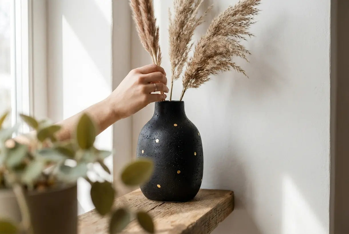 Matte black ceramic vase with gold accents against white wall, black and white modern home decor styling detail.
