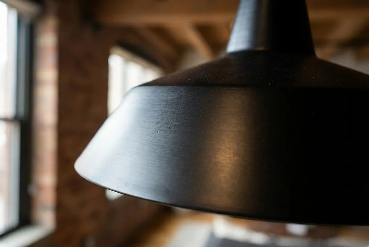 Matte black pendant light texture close-up showing brushed metal finish and geometric details