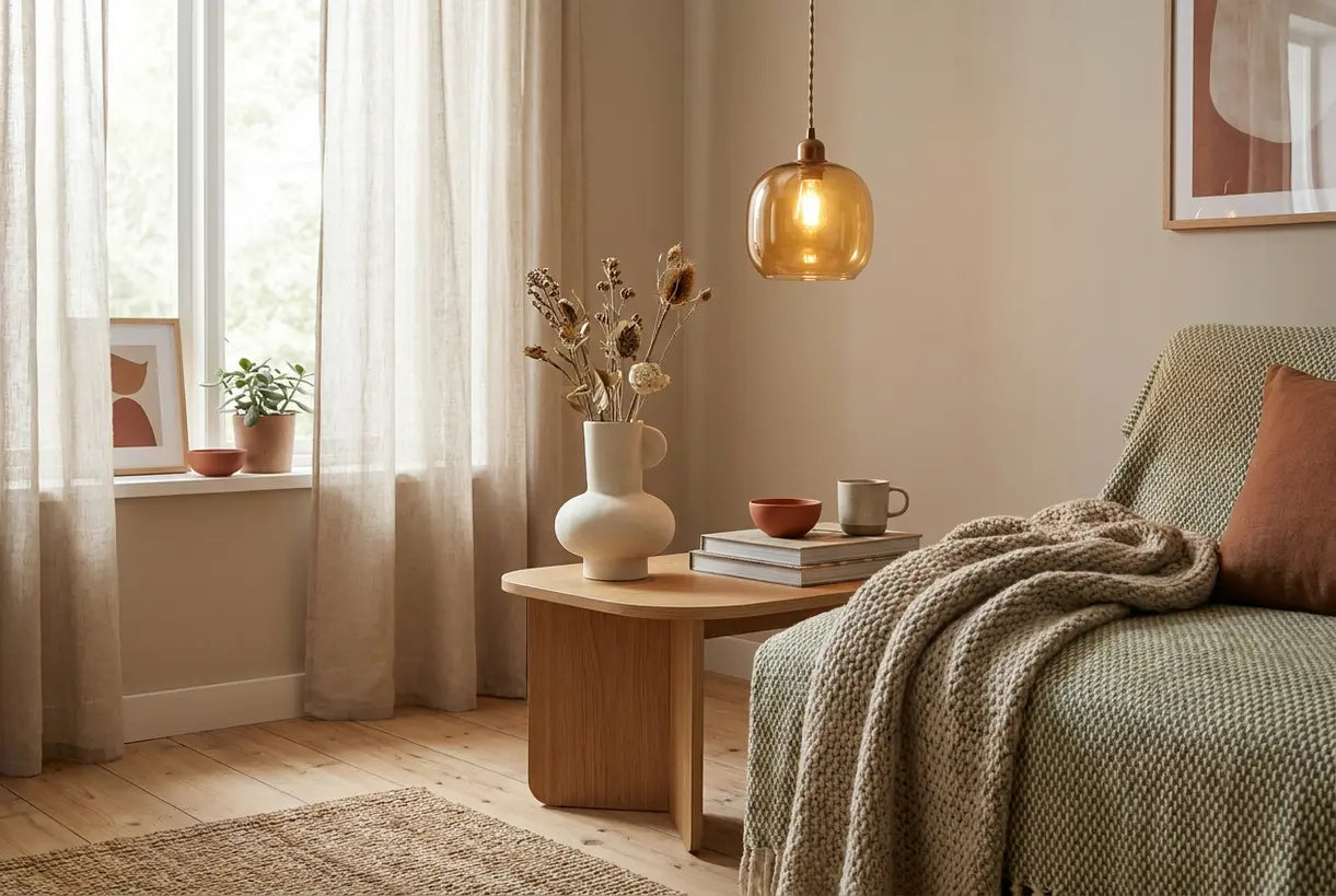 Scandinavian-inspired living room corner with curated decorative objects and warm pendant lighting