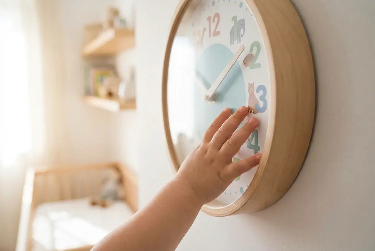 Kind leert klokkijken met kleurrijke Scandinavische wandklok in babykamer