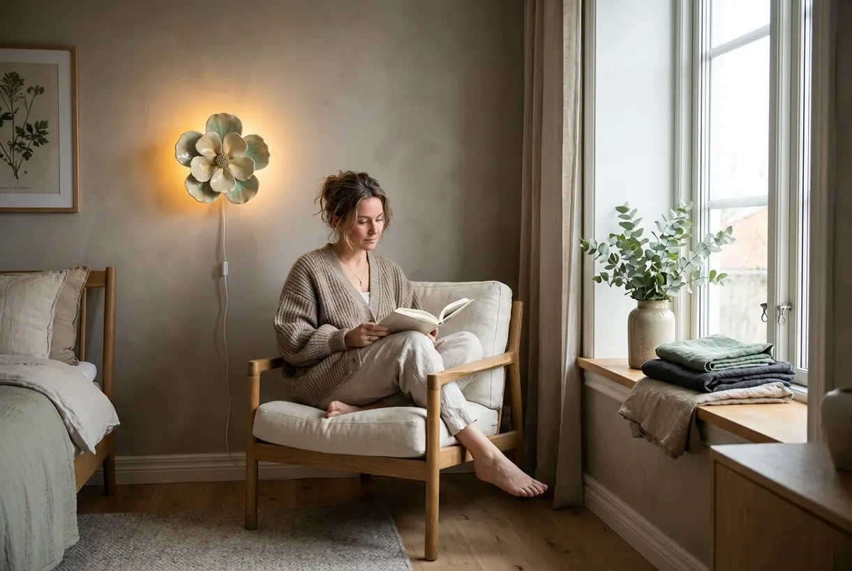 Scandinavische woonruimte met vrouw die leest naast een verlichte bloemenwandlamp die een natuur-geïnspireerd interieurontwerp toont