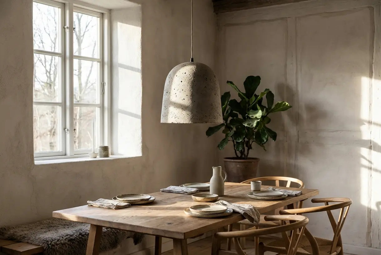 Concrete pendant light in Scandinavian dining room with natural wood table