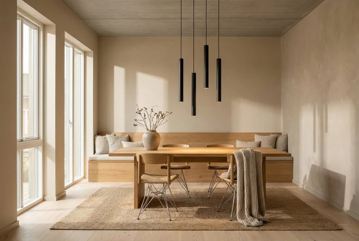 Moderne Scandinavische eetkamer met drie verspringende cilinder hanglampen boven een houten tafel
