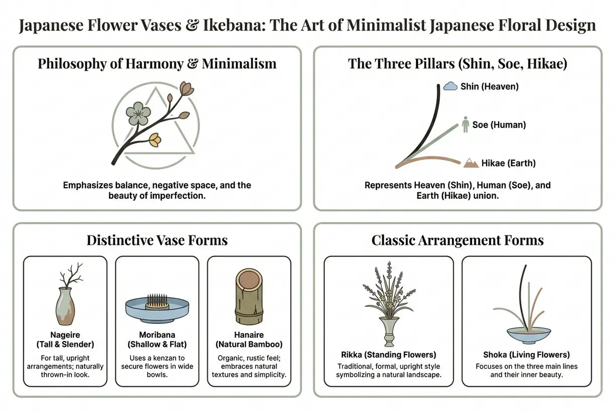 Japanse bloemenvazen & Ikebana: De kunst van minimalistisch Japans bloemschikken - infographic