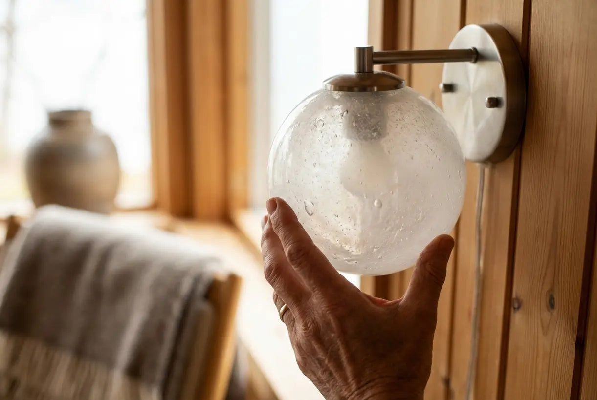 Hand die een matte glazen wandlampenkap aanpast, close-up detail toont de getextureerde glaskwaliteit en zachte lichtdiffusie in een Scandinavisch huis