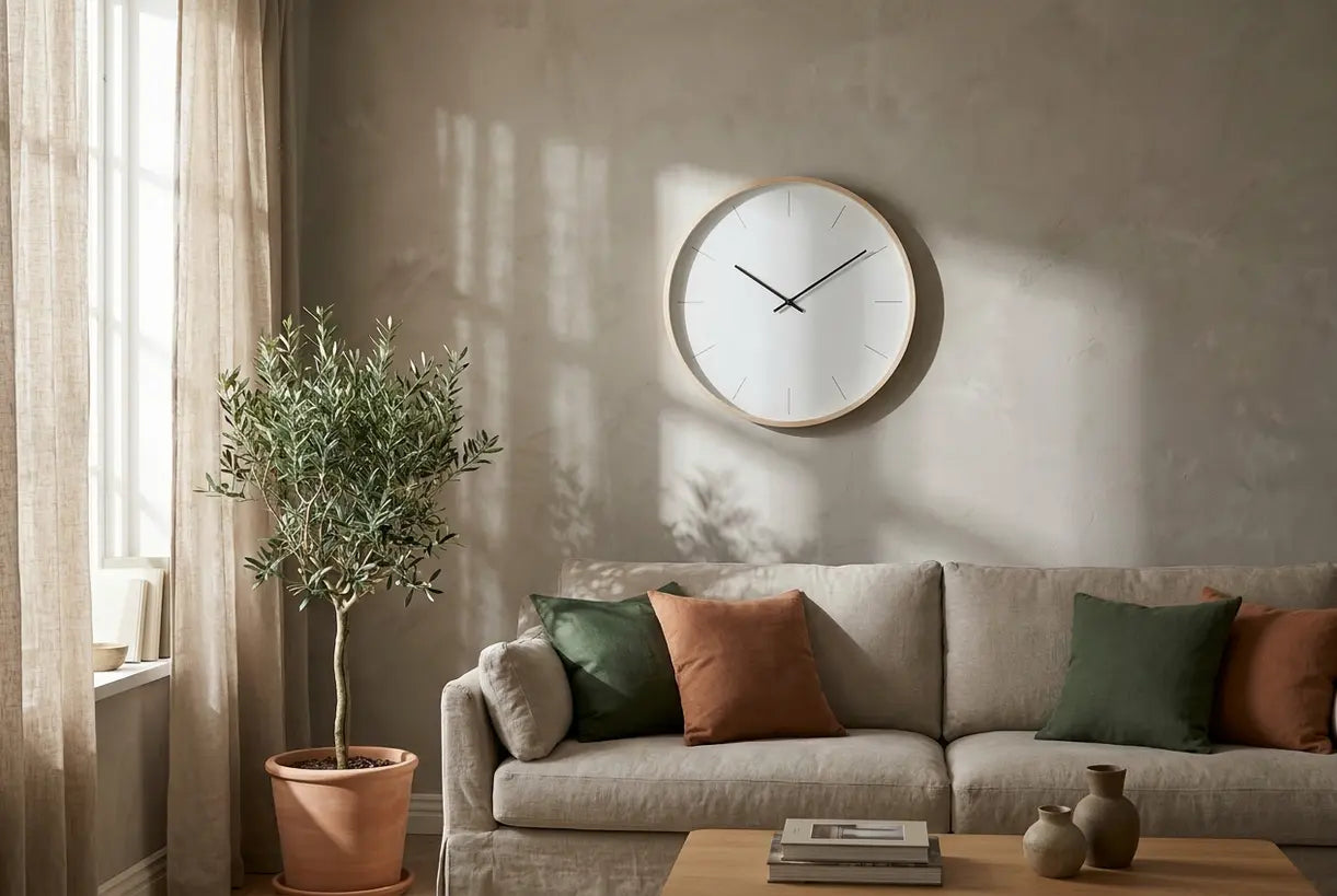 Scandinavische woonkamer met moderne kwarts wandklok met stil uurwerk