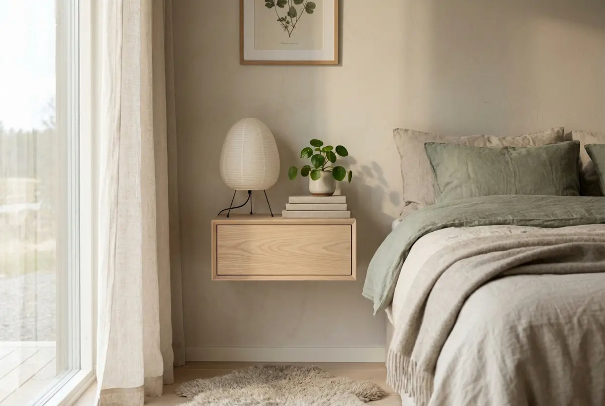 Scandinavische slaapkamerhoek met minimalistisch nachtkastje, sfeerlamp en natuurlijke texturen