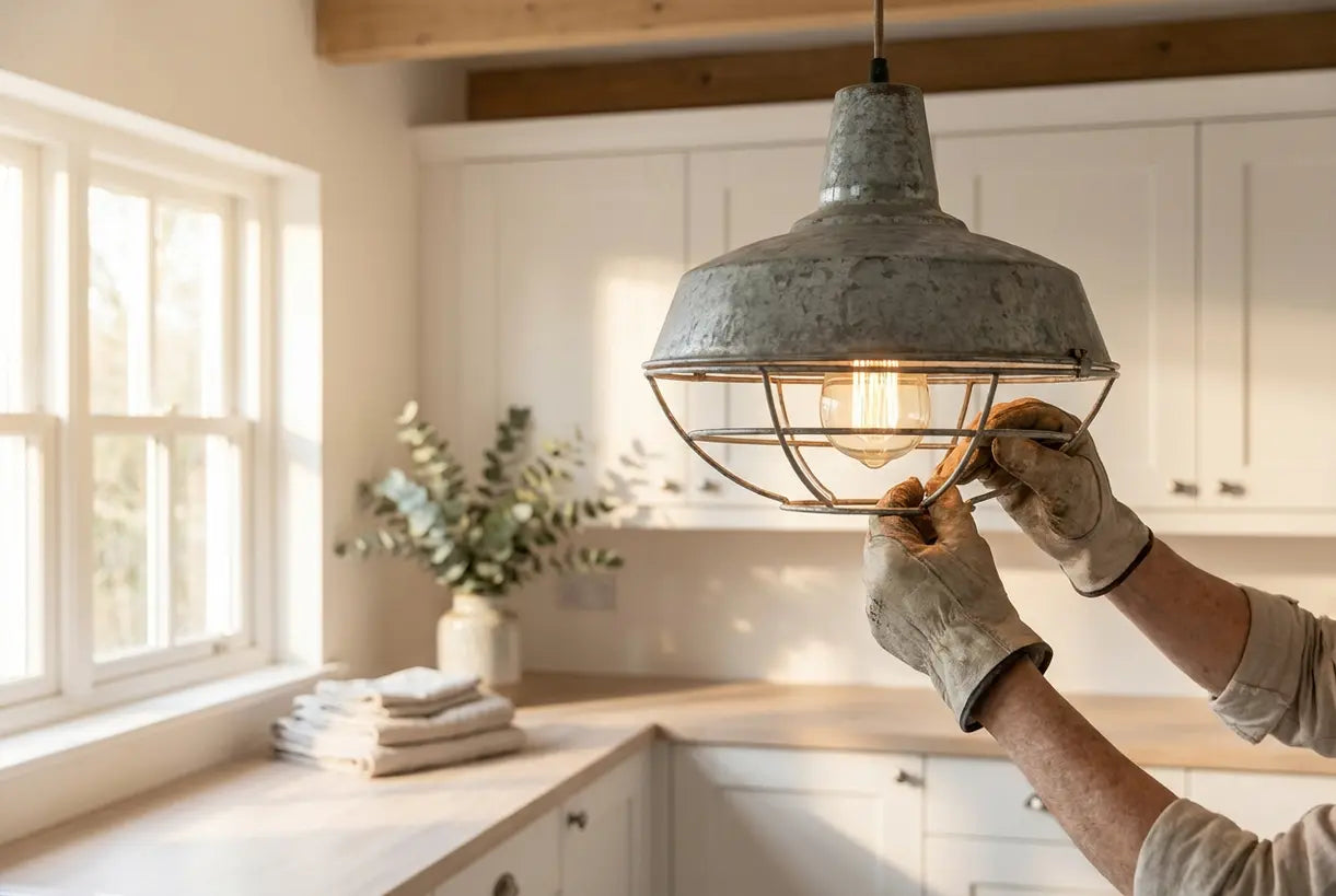 Handen die een plafondlamp in de wasruimte afstellen voor optimale taakverlichting