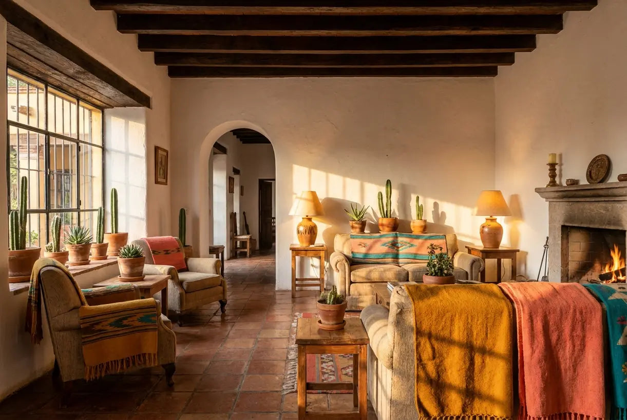 Mexican hacienda living room with stucco walls, terracotta floors, and colorful textiles