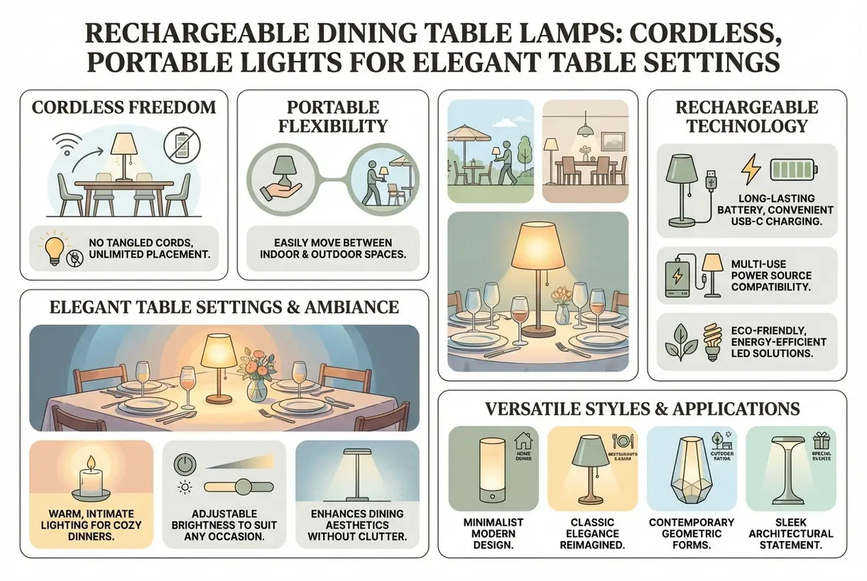 Oplaadbare lampen voor de eettafel: snoerloze, draagbare lampen voor een elegant gedekte tafel - infographic