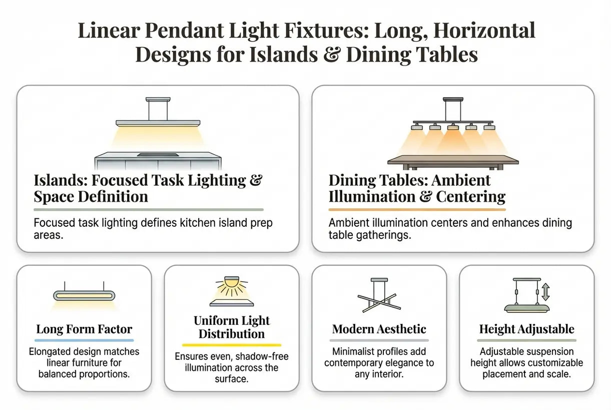 Lineaire hanglampen: lange, horizontale ontwerpen voor eilanden & eettafels - infographic