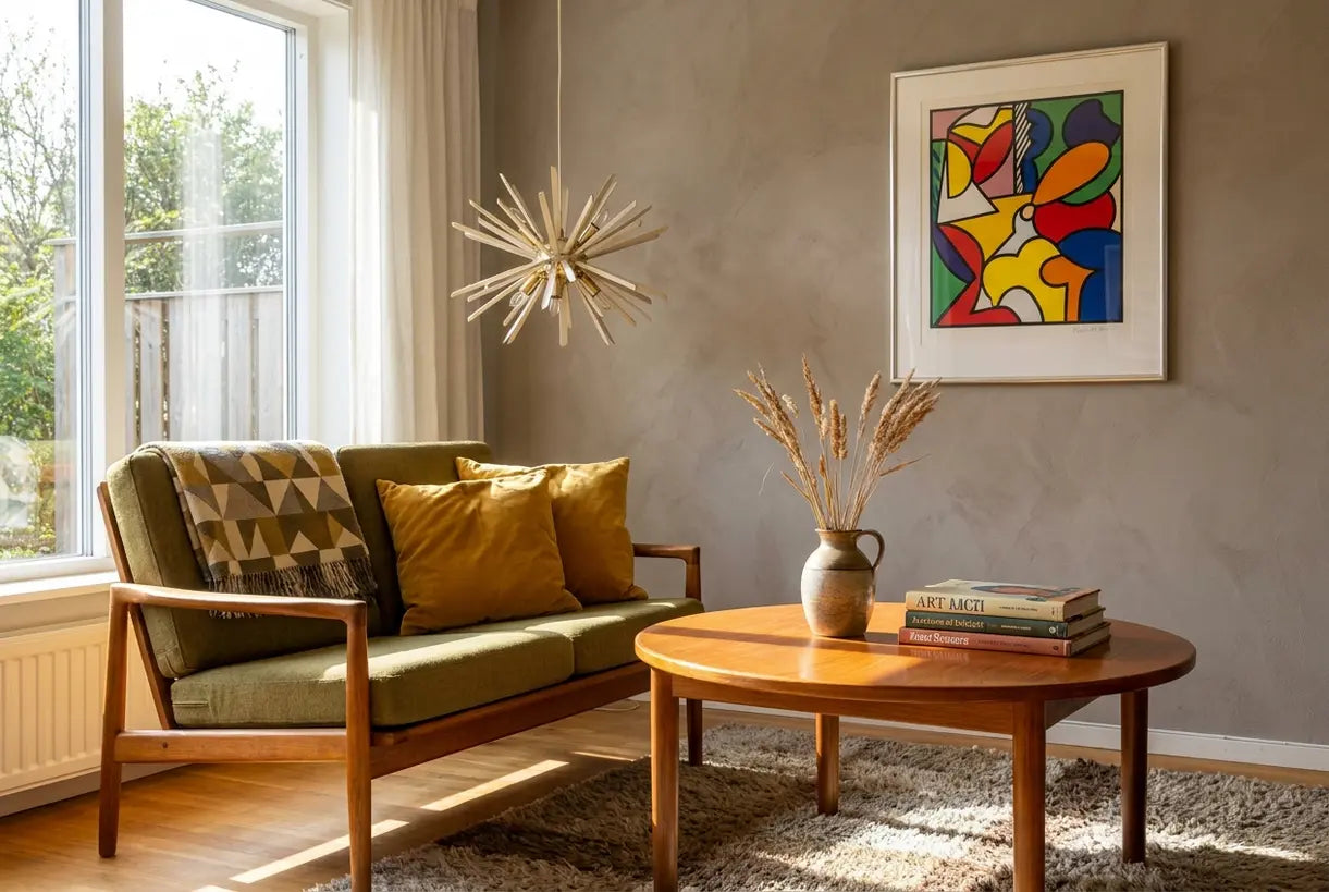 Mid-century modern living room with 1960s home decor elements and retro styling