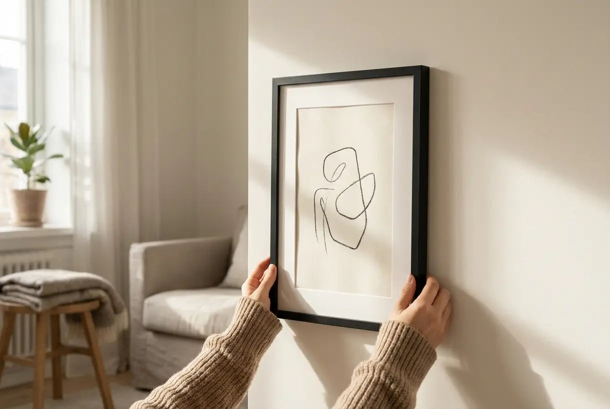 Handen plaatsen een minimalistische Scandinavische kunstprint op een witte muur